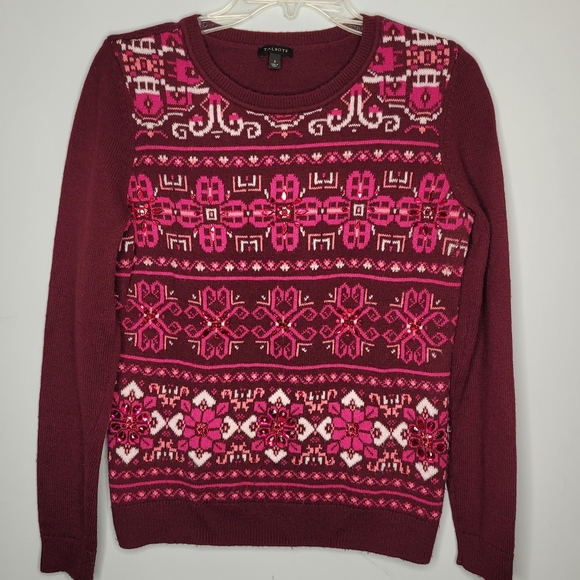 Talbots Wool Plum & Pink Fairisle Snowflake Jeweled Sweater Sz S